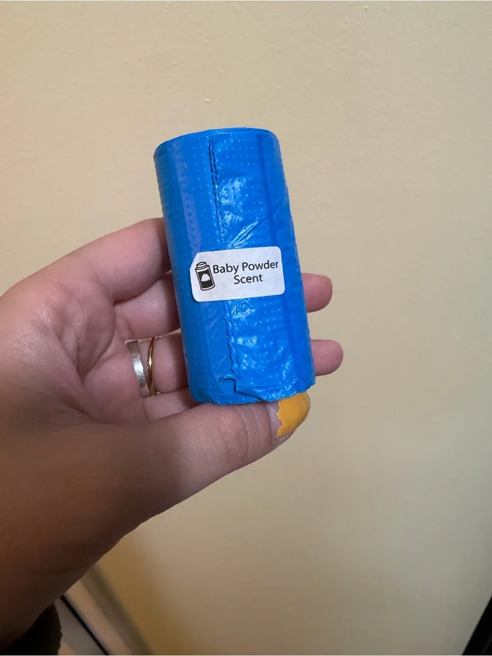 Blue baby powder scented dog poop bags - brand new roll